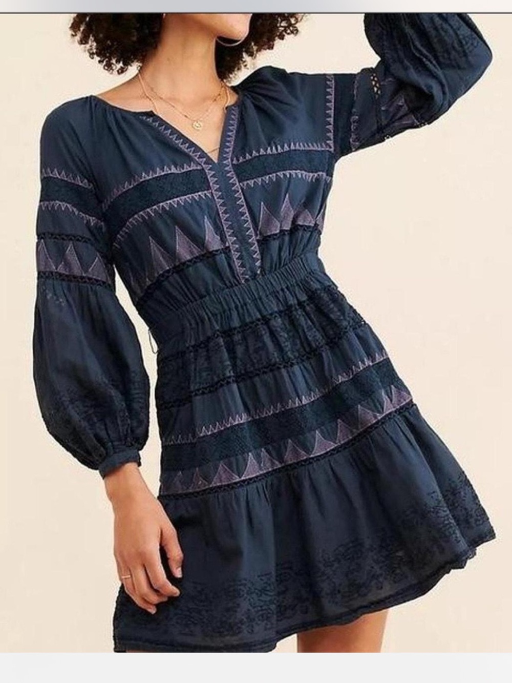 Anthropologie Skye Embroidered Mini Dress Blue Puff Sleeve